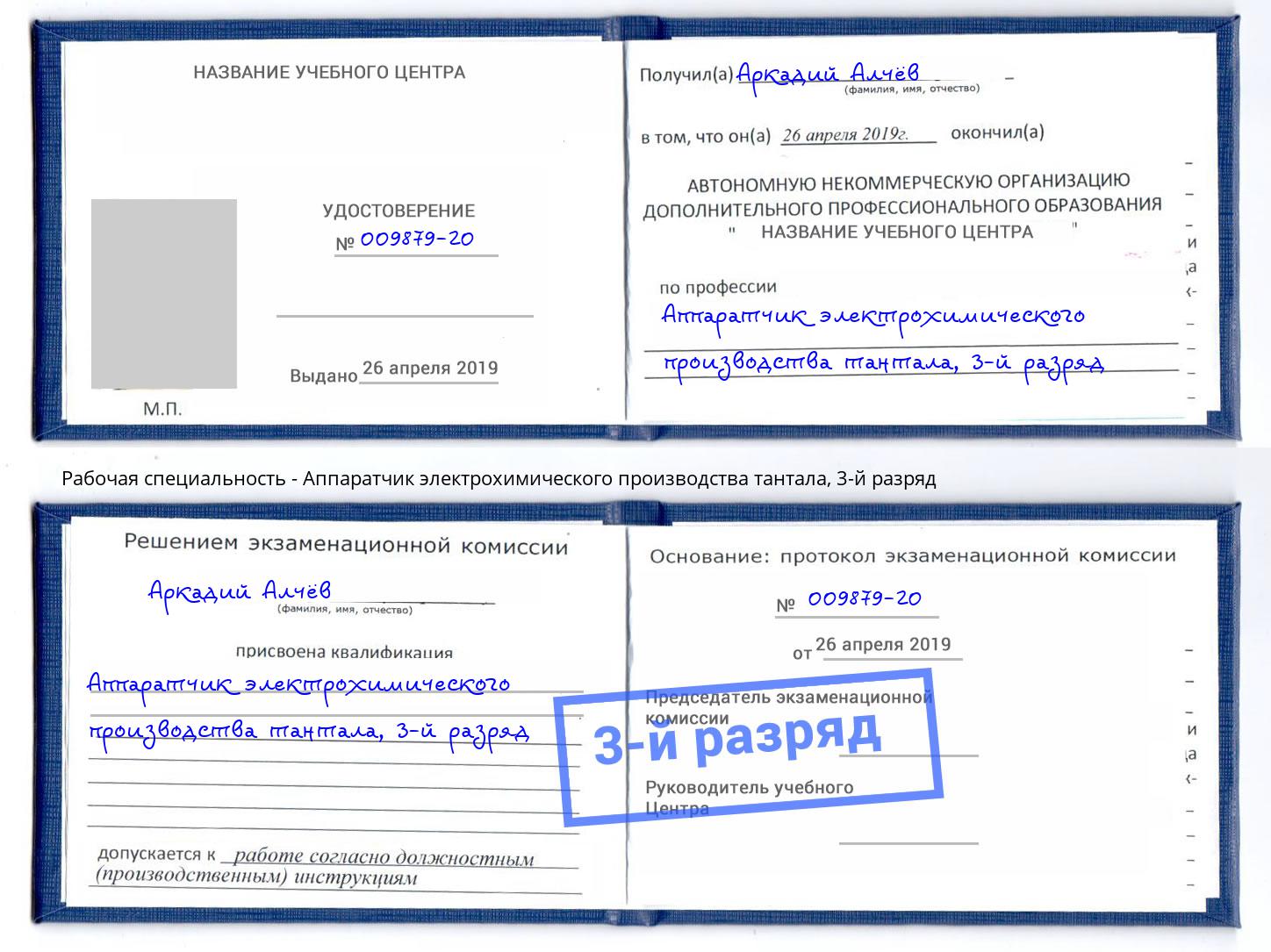 корочка 3-й разряд Аппаратчик электрохимического производства тантала Кемерово