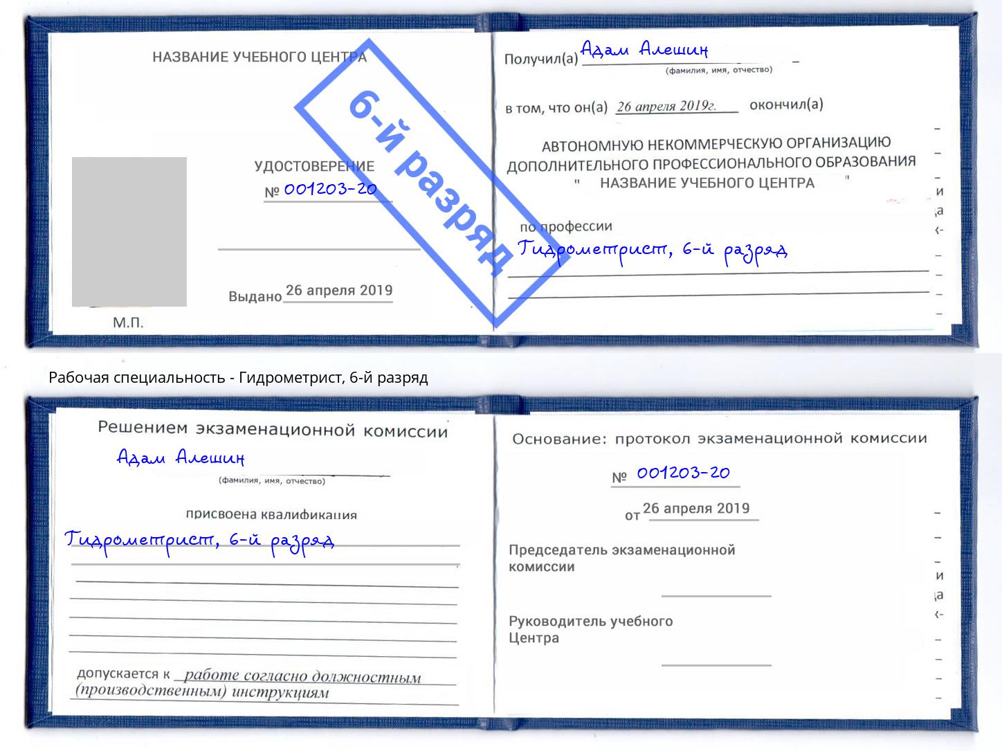 корочка 6-й разряд Гидрометрист Кемерово