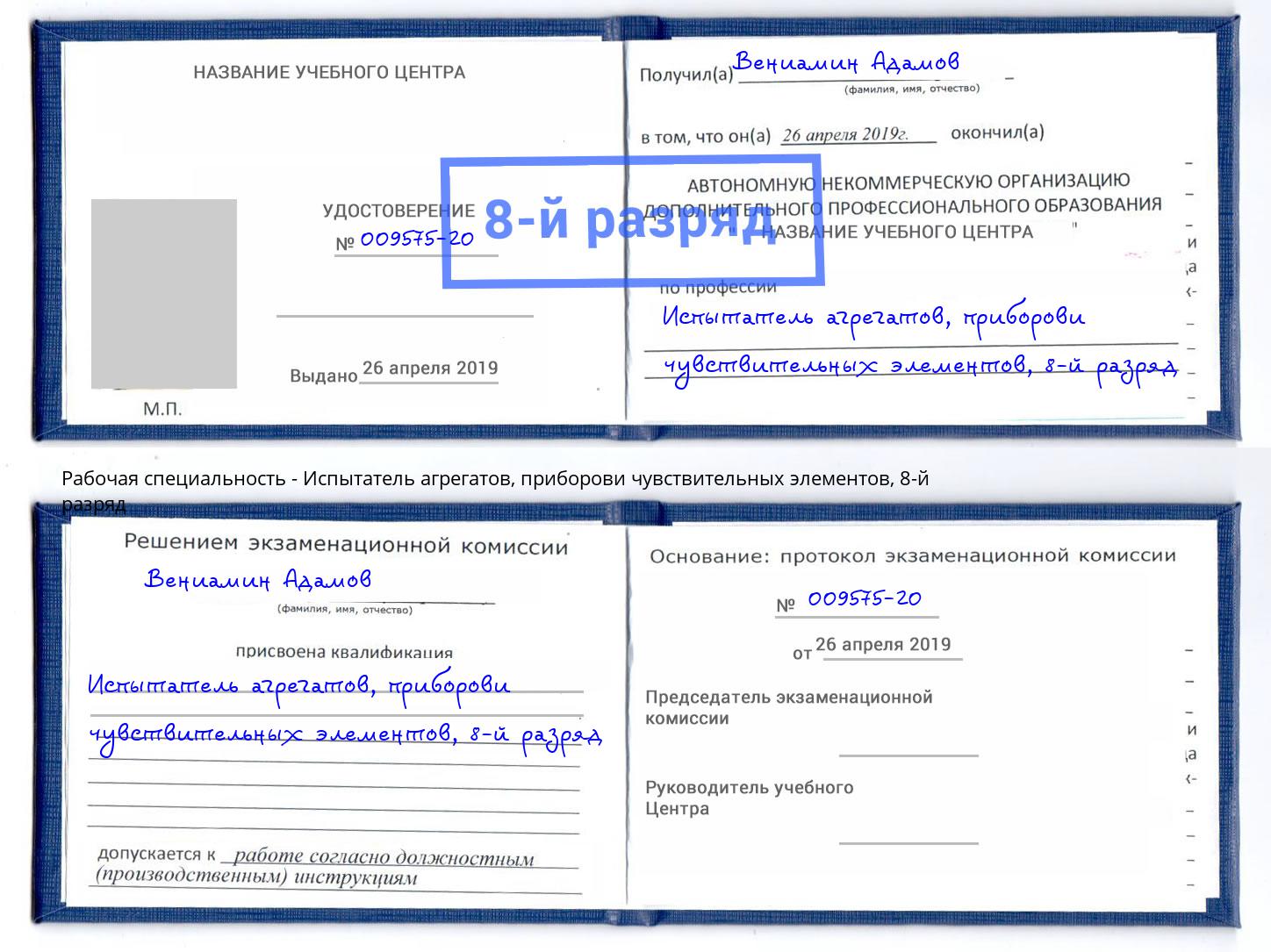 корочка 8-й разряд Испытатель агрегатов, приборови чувствительных элементов Кемерово